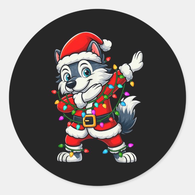 Dabbing Wolf Lights Santa Xmas Girls Boys Kids Chr Classic Round Sticker (Front)