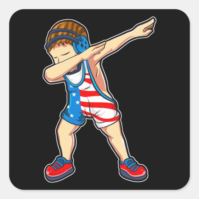 Dabbing Wrestling Boy Wrestler US Flag Square Sticker (Front)