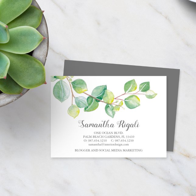 D'accompagnement Aquarelle vert Eucalyptus Carte de visite (Business card botanical eucalyptus leaves watercolor art by Victoria Grigaliunas)