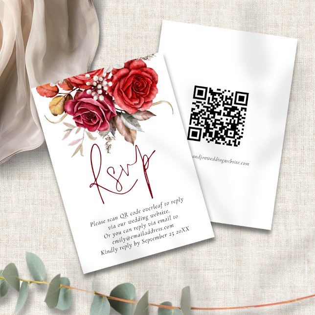 D'accompagnement Boho Fall Florals QR Code Mariage RSVP Carte (Frotn and back view)
