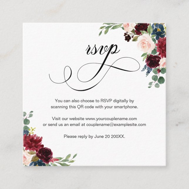 D'accompagnement Burgundy Floral Script QR Code Mariage Carte RSVP (Devant)