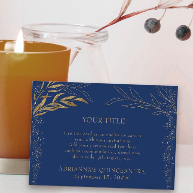 D'accompagnement Carte d'accueil personnalisée Leaf bleu et or (Quinceanera Reception Card in blue, from my Gold Leaf Collection
)