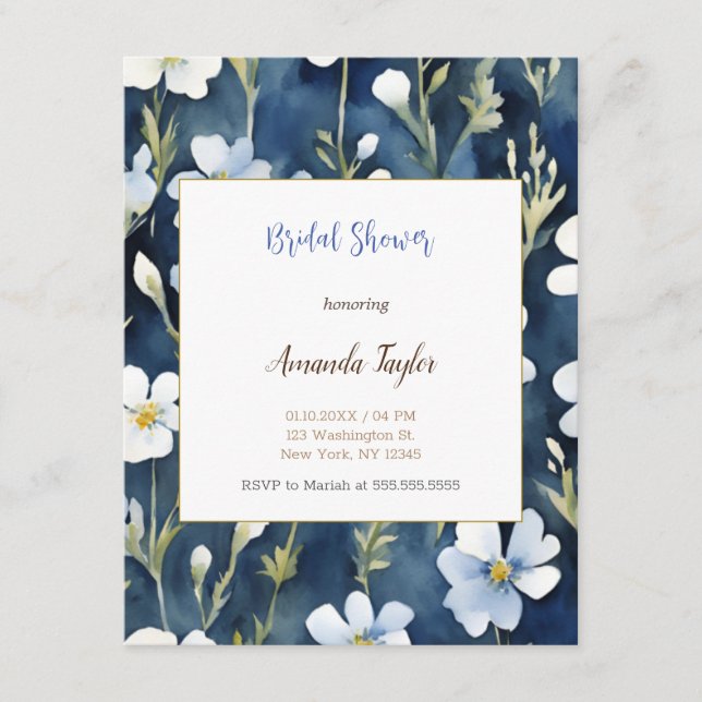 D'accompagnement Carte de Baby Shower Minimaliste Fleurs Bleues Bla (Devant)