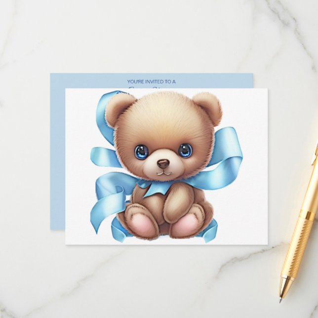 D'accompagnement Carte de boîtier Baby shower bleu Teddy Bear Code  (Devant/Arrière en situation)