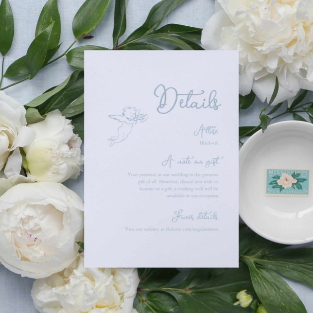 D'accompagnement Carte de boîtier Whimsical Dusty Blue Détails (dusty blue hand drawn cherub wedding details card, blue wedding enclosure card whimsical artsy)