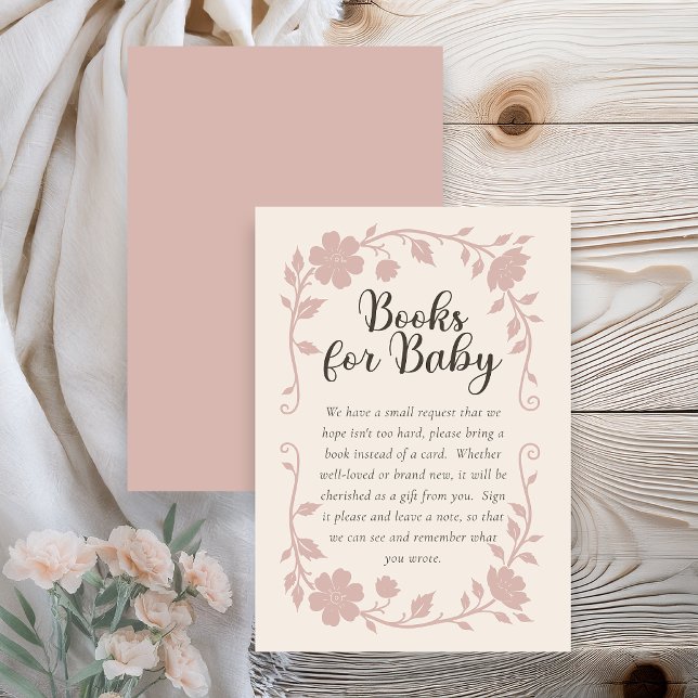 D'accompagnement Carte de demande de livre pour Baby Shower Botaniq (Elegant botanical baby shower book request card with soft blush floral design on neutral background )