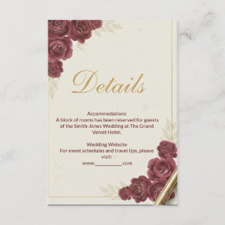 D'accompagnement Carte de détails de mariage élégante en bordeaux e