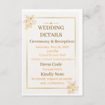 Carte de détails de mariage élégante en or blanc |