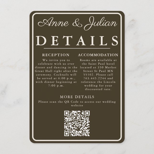 D'accompagnement Carte de détails de mariage moderne marron avec QR (Devant)