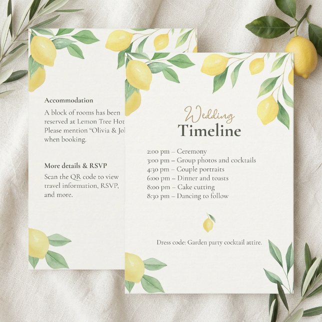 D'accompagnement Carte de détails et de chronologie de mariage au c (Lemon Wedding Timeline & Details Card with QR Code)