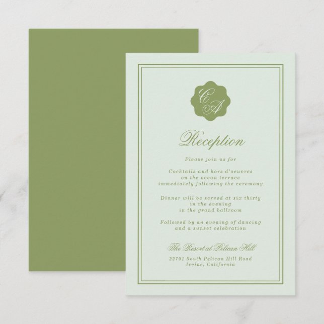 D'accompagnement Carte de réception à monogramme vert mousse (Devant / Derrière)