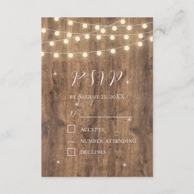 D'accompagnement Carte de réponse Rustic Wood & String Lights | Gra (Devant)