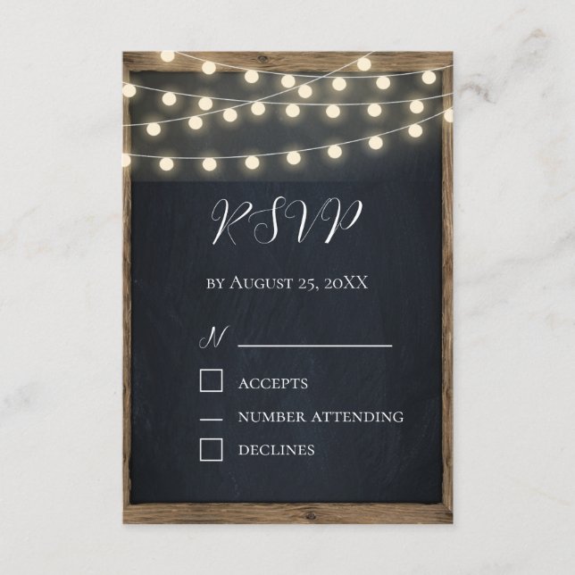 D'accompagnement Carte de réponse Rustic Wood & String Lights | Gra (Devant)