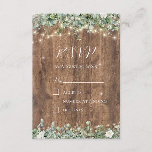 D'accompagnement Carte de réponse Rustic Wood & String Lights | Gra (Devant)