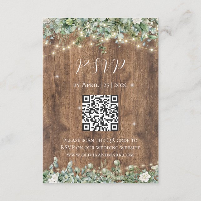 D'accompagnement Carte de réponse Rustic Wood & String Lights | Gra (Devant)