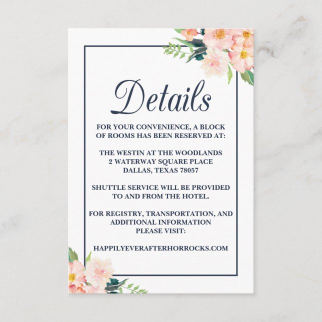D'accompagnement Carte d'hébergement Mariage floral Blush et Navy (Devant)