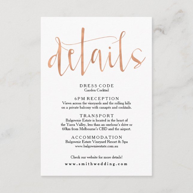 D'accompagnement Carte d'information sur le Mariage rose Gold (Devant)