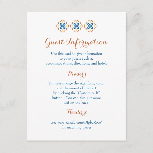 D'accompagnement Carte d'information Talavera Spanish Tile (Devant)