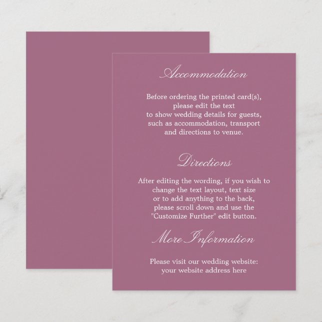 D'accompagnement Elegant Mauve Mariage - Carte Détails (Devant / Derrière)