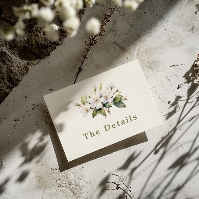 D'accompagnement Fleur Apple Blossom Détails Carte de boîtier (Delicate and pretty "The Details" wedding card with painted style white apple blossom flowers)