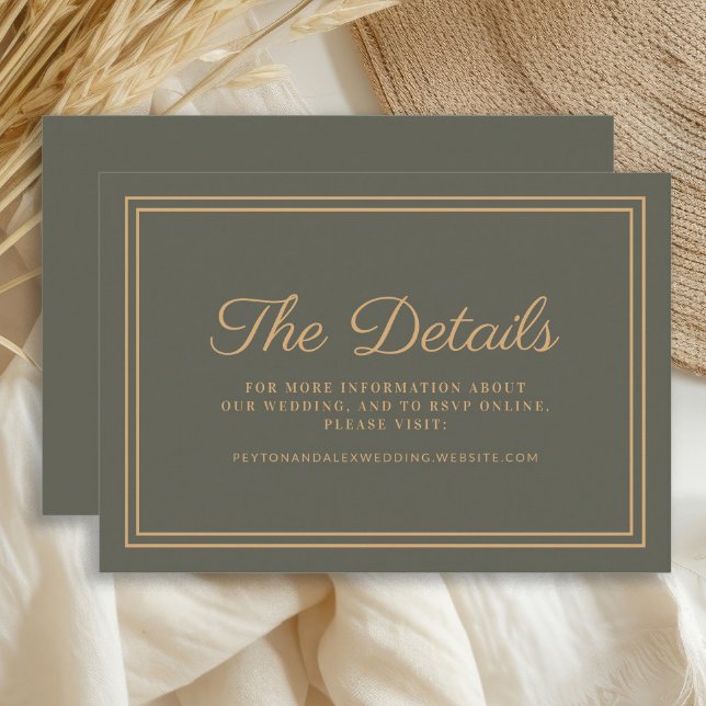D'accompagnement Mariage vert olive Détails Carte de boîtier (Dark olive/sage green and gold wedding details card )