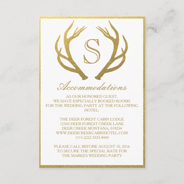 D'ACCOMPAGNEMENT OR CHIC | CARTE D'HÉBERGEMENT MARIAGE ANTLER (Devant)