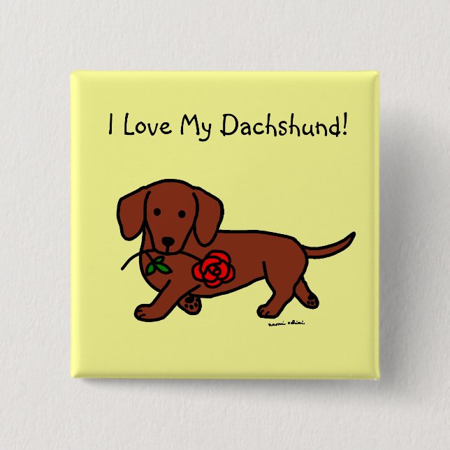 Dachshund and a flower cartoon 2 inch square button (Front)