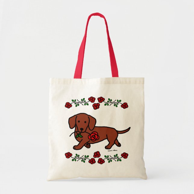 Dachshund and a flower cartoon tote bag (Front)