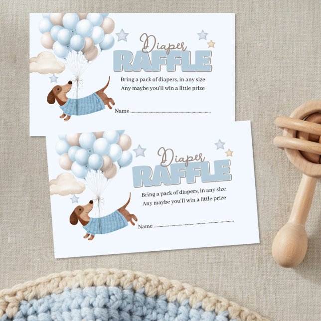 Dachshund and Balloons Blue Diaper Raffle Enclosure Card (Baby Shower Diaper Raffle Tickets. Dachshund and balloons design in blue and beige)