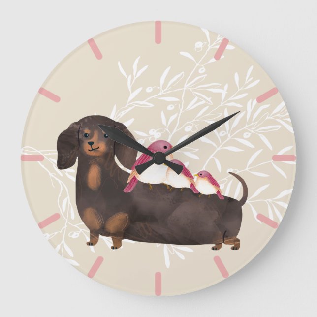 Dachshund and Birds Family Large Clock (Front)