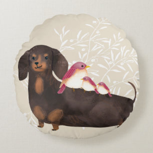 Dachshund and Birds Family Round Pillow