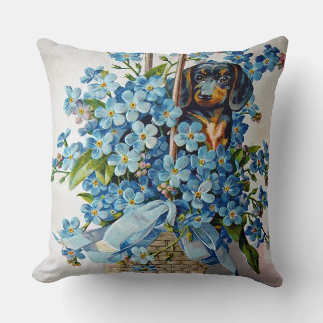 Dachshund and Forget-Me-Nots Throw Pillow (Front)