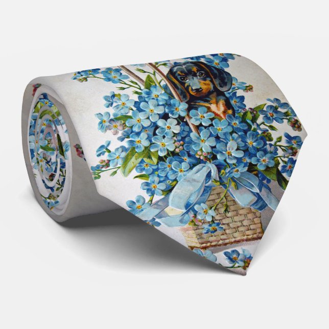 Dachshund and Forget-Me-Nots Tie (Rolled)