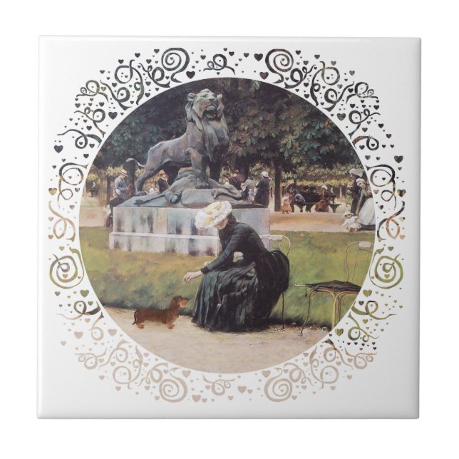 Dachshund and Lady in Park Tile (Front)