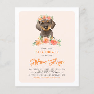 Dachshund and Peach Flowers Baby Shower Invitation