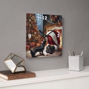 Dachshund and Santa  Square Wall Clock
