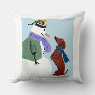 Dachshund And Snow Man Throw Pillow