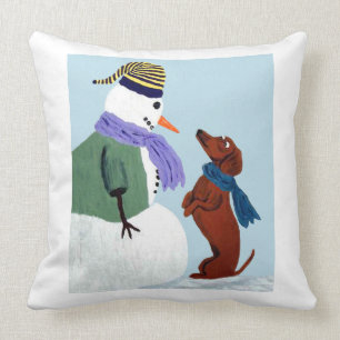 Dachshund And Snow Man Throw Pillow