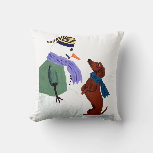 Dachshund And Snowman Throw Pillow (Front)