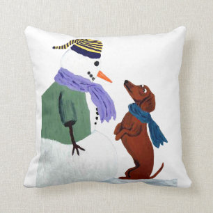 Dachshund And Snowman Throw Pillow