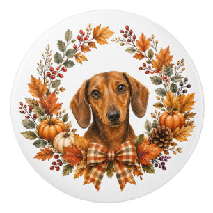 Dachshund Autumn Wreath Ceramic Knob