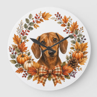 Dachshund Autumn Wreath Large Clock