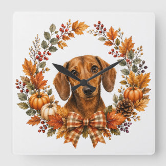 Dachshund Autumn Wreath Square Wall Clock