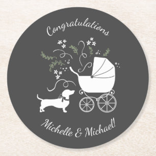 Dachshund Baby Shower Weiner Dog Gender Neutral Round Paper Coaster