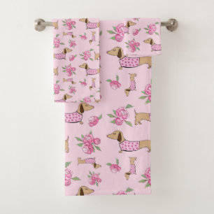 Dachshund Bath Towel Set Doxie + Peonies Floral