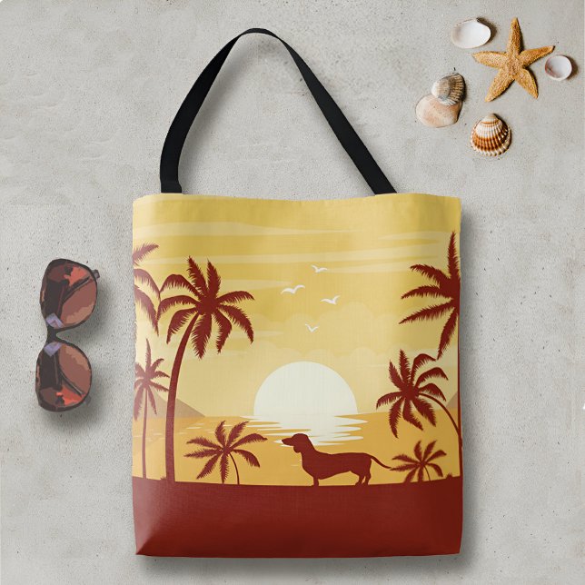 Dachshund Beach Bag a Sunset Palm Trees (Dachshund sunset palm trees ocean beach bag for wiener dog mamas)