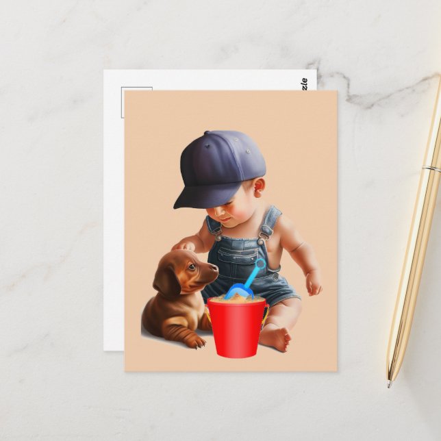 Dachshund Beach Day Postcard Art (Front/Back In Situ)