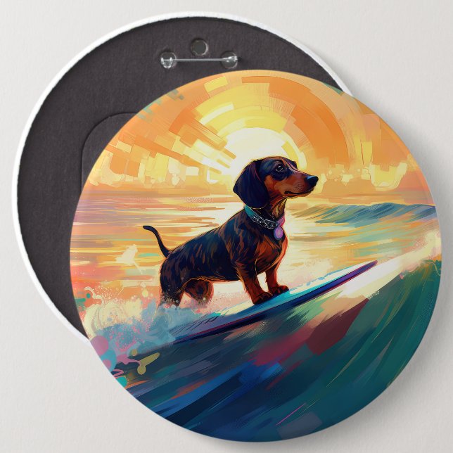 Dachshund Beach Surfing Painting 6 Inch Round Button (Front & Back)