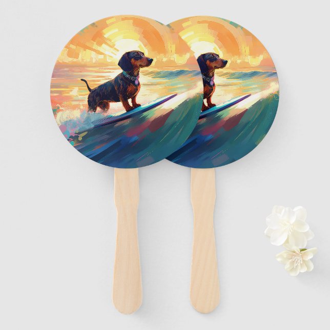 Dachshund Beach Surfing Painting Hand Fan (Front and Back)