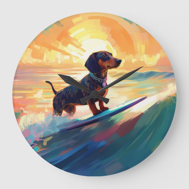 Dachshund Beach Surfing Painting Large Clock (Front)